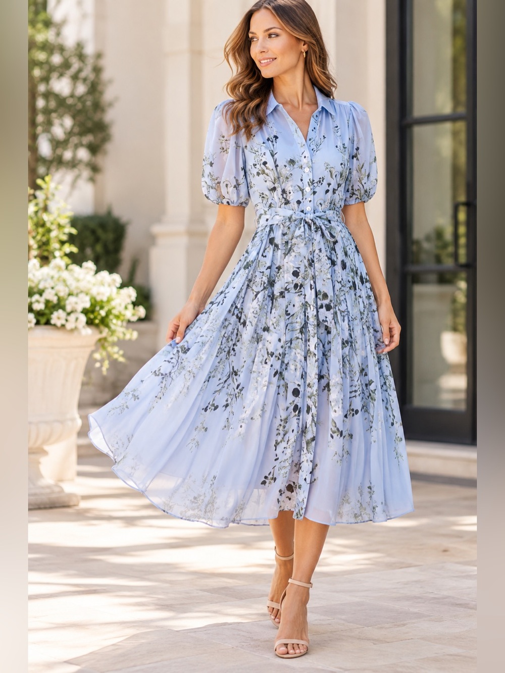 Rickie Freeman Teri Jon Floral Chiffon Shirt Dress Blue Belted Size 6 NWT